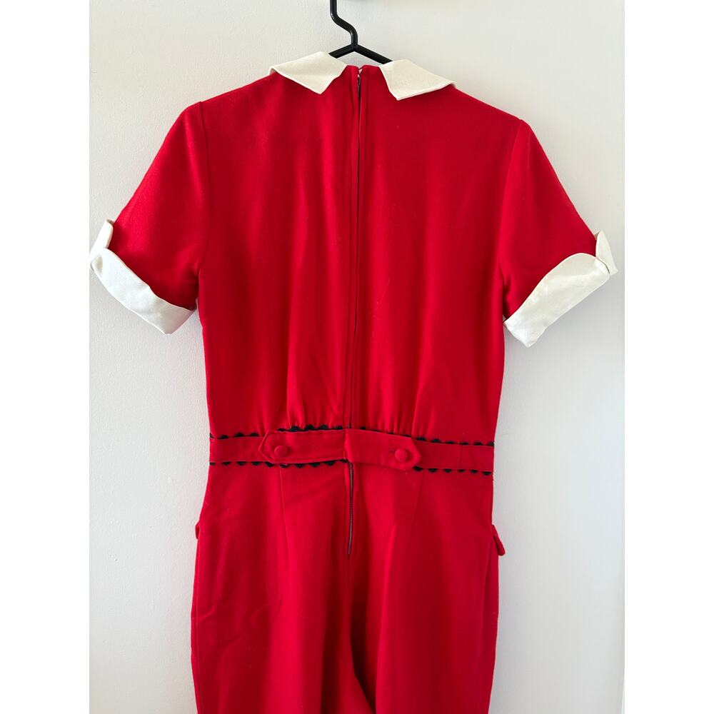 VTG 1960 Red Wool Hostess Jumpsuit Size S Peter Pan Collar Rick Rack - Picture 6 of 9